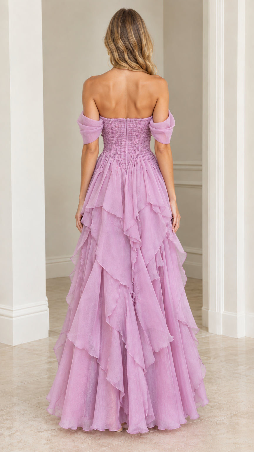 Back view of model wearing Lilac off-the-shoulder ruffled formal dress