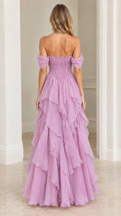 Back view of model wearing Lilac off-the-shoulder ruffled formal dress