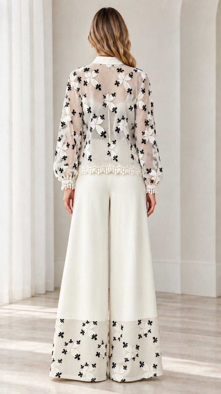 Back view of white floral embroidered lace top and pants two-piece set