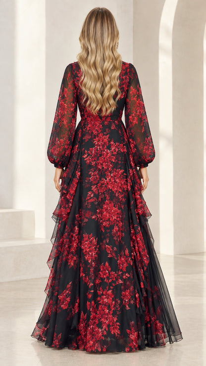 Back view of long sleeve floral chiffon formal dress