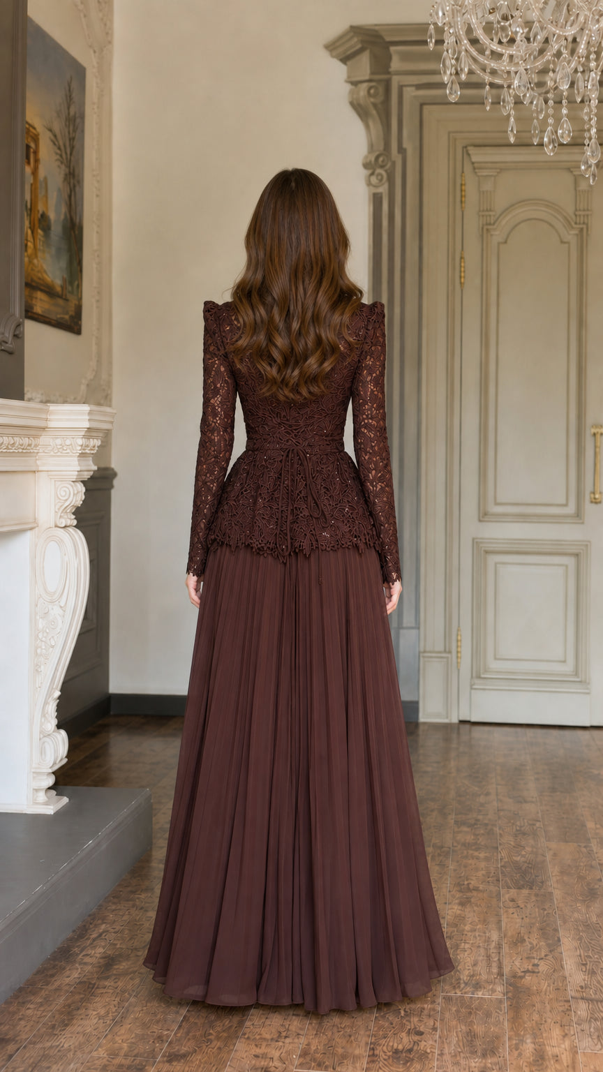 Back view of model wearing Chocolate Brown long sleeve lace peplum formal dress