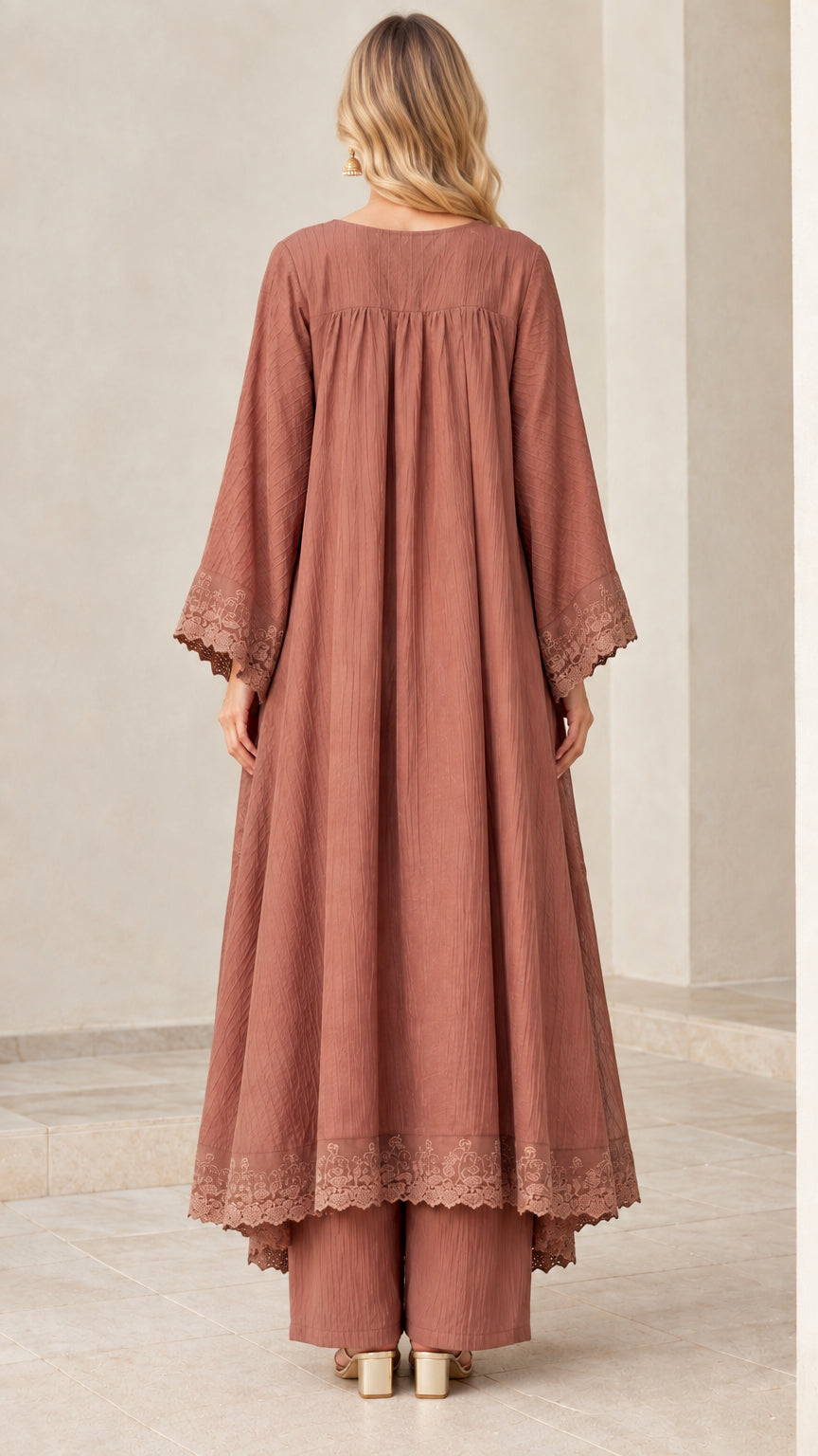 Back view of dusty rose textured modest maxi duster and wide-leg trousers