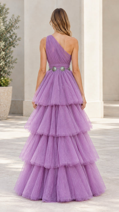 Back view of model showcasing the lavender one-shoulder tulle maxi dress