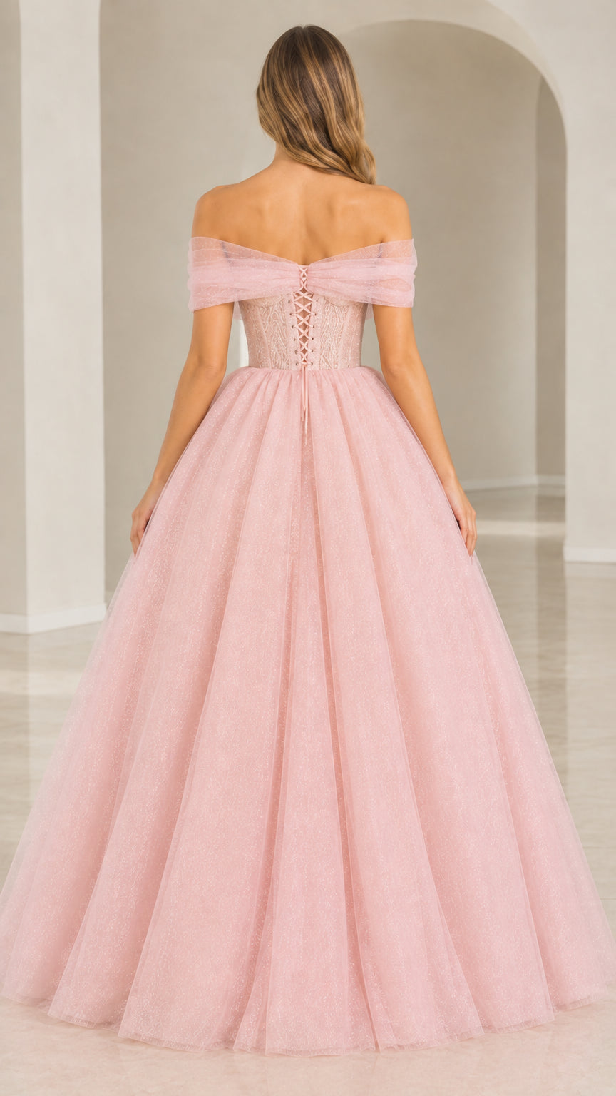 Back view of model showing lace-up corset closure on Blush Pink ball gown