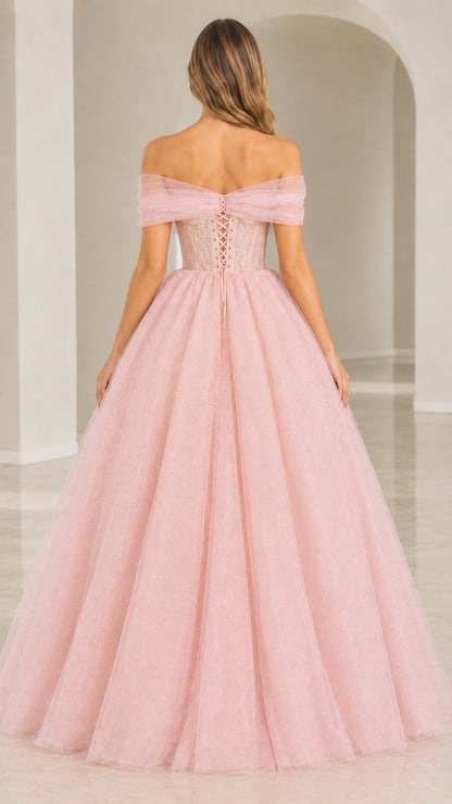 Back view of model showing lace-up corset closure on Blush Pink ball gown
