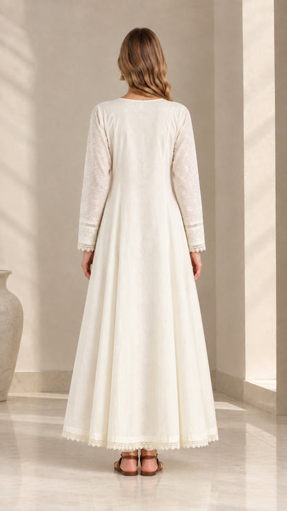 Off-white long sleeve flared maxi dress back view