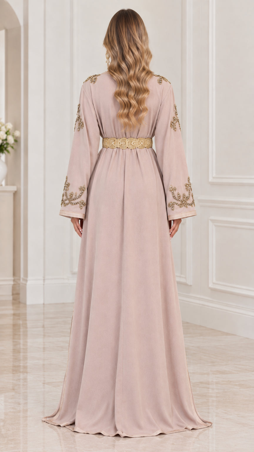 Back view of woman wearing Dusty Pink floor-length embroidered kaftan gown