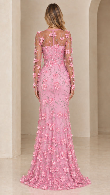 Pink floor length mermaid evening gown back view