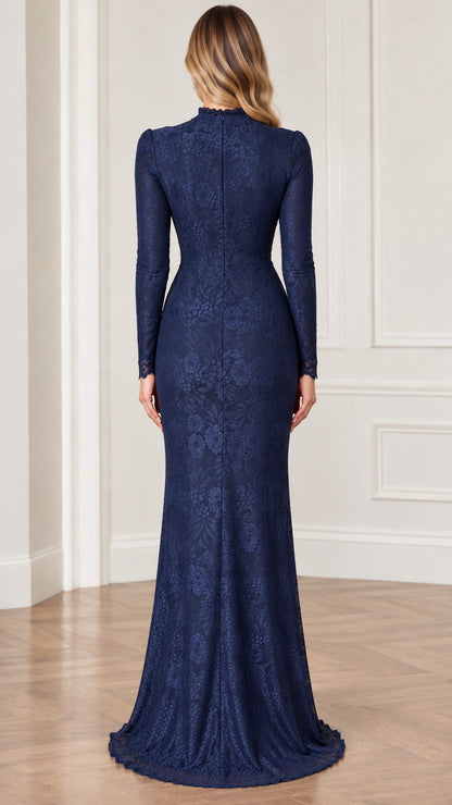 Back view of navy blue high neck long sleeve lace evening gown