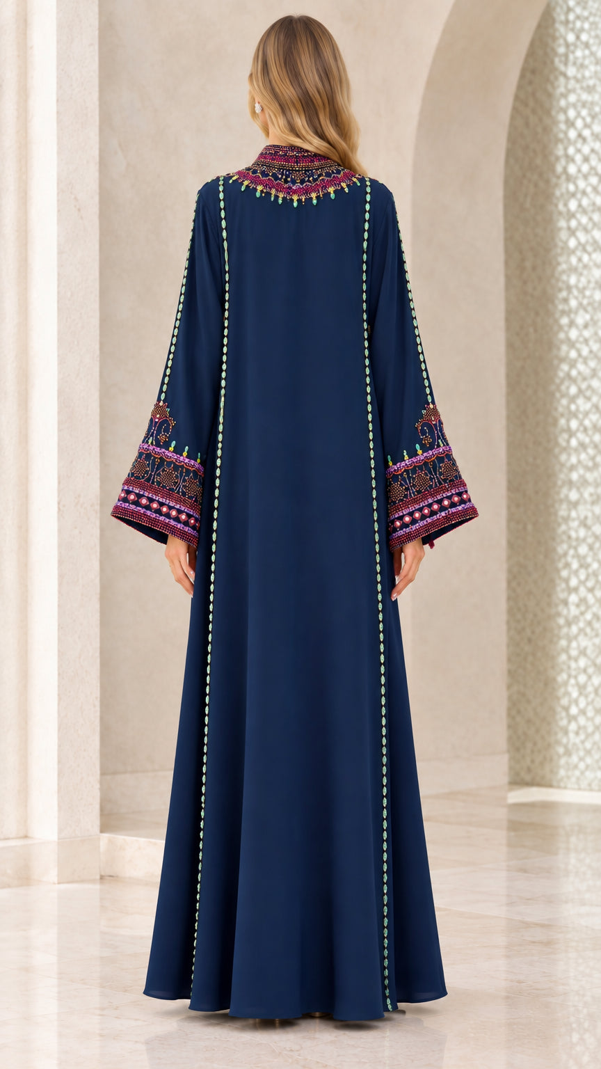 Back view of navy blue beaded neckline kaftan dress showing back details