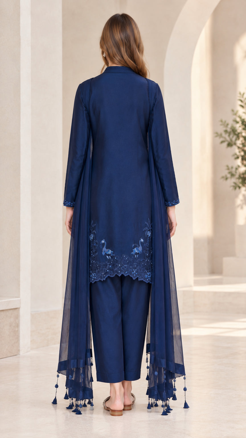 Back view of navy blue 3-piece modest suit set with drape scarf