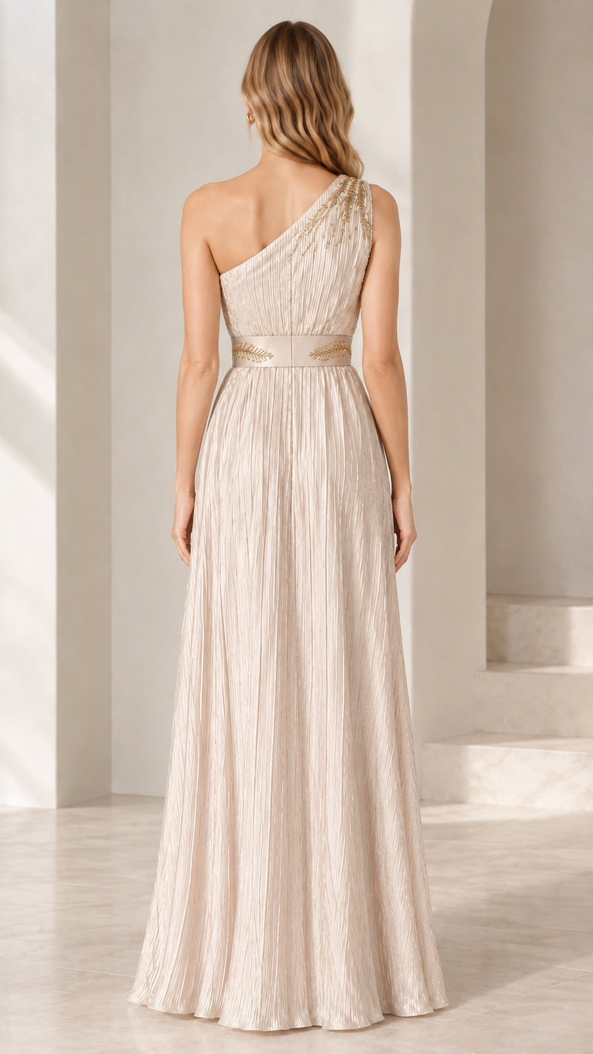 Back view of model wearing Champagne pleated formal dress