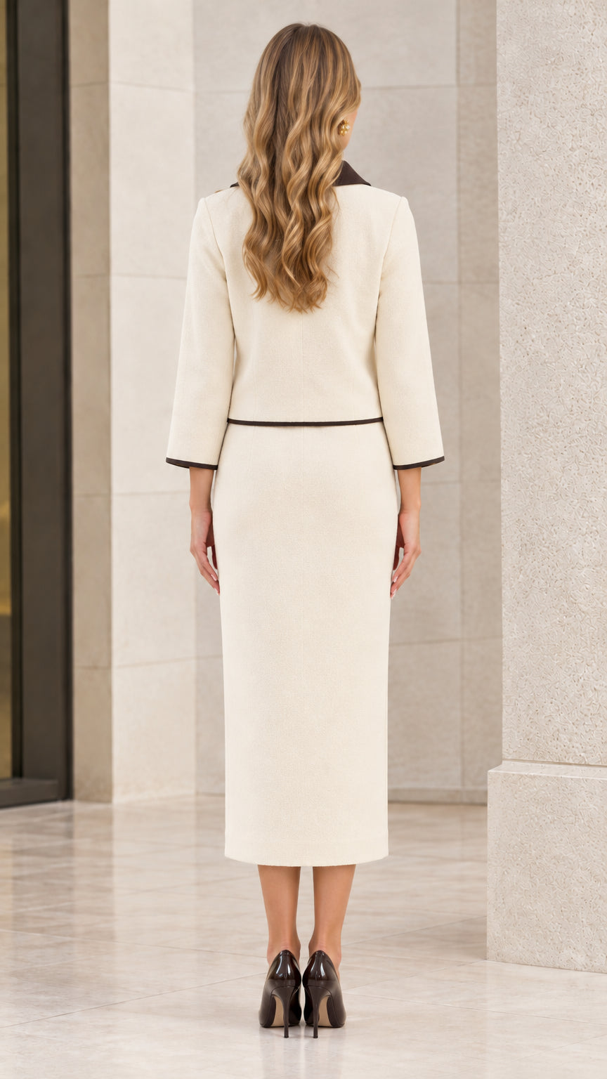Back view of model showing cream midi pencil skirt with back slit and tailored jacket