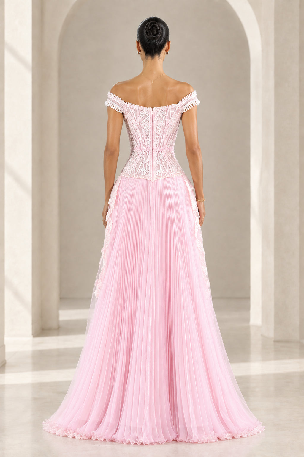 Back view of Blush Pink off-the-shoulder pleated evening gown