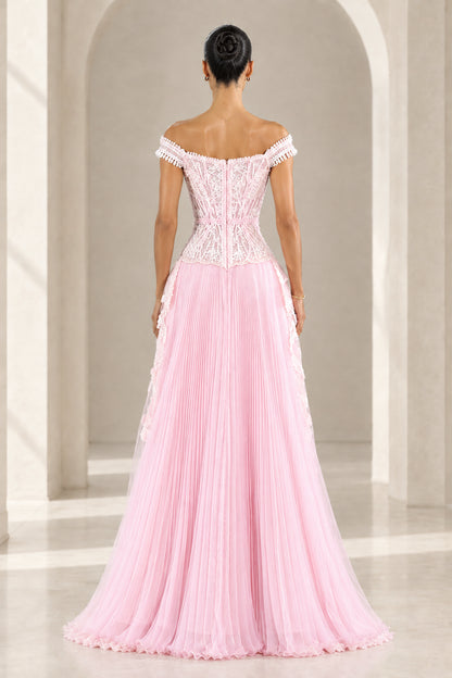 Back view of Blush Pink off-the-shoulder pleated evening gown