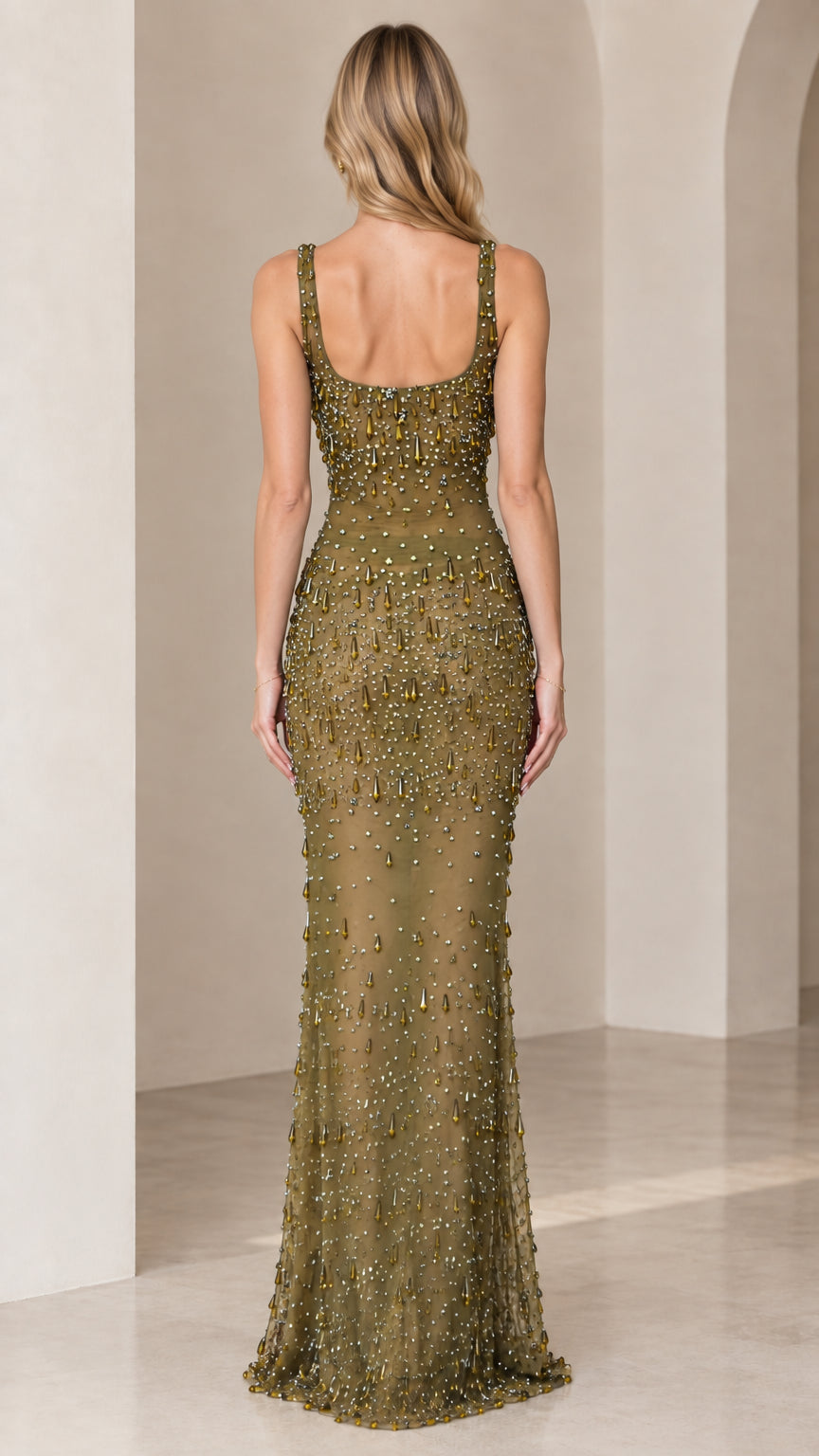 Back view of olive green low back beaded maxi dress