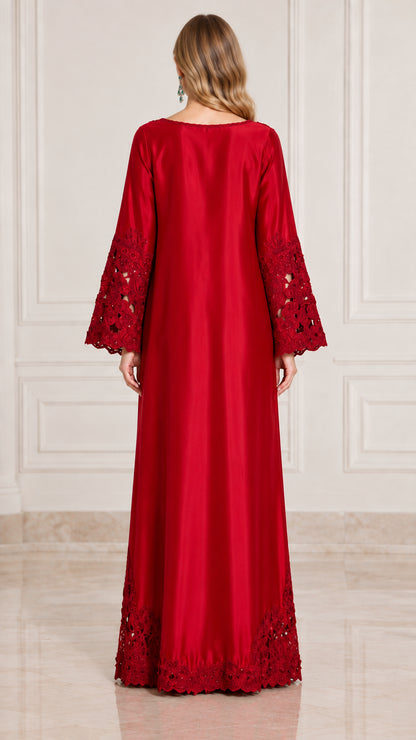 Back view of red satin maxi dress showing clean straight silhouette