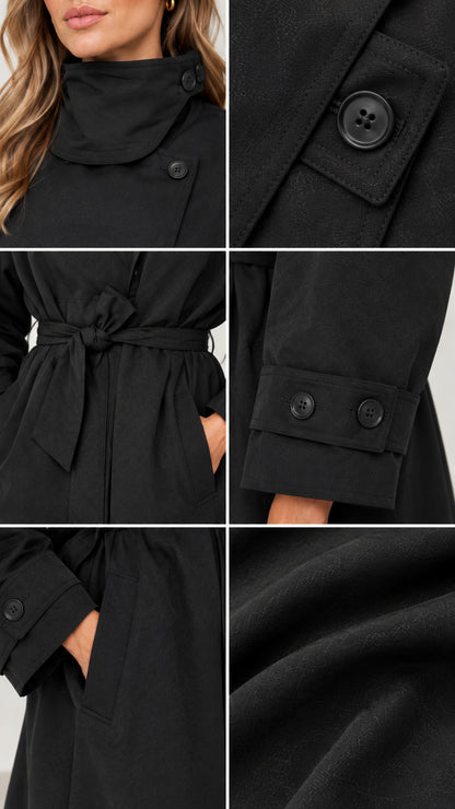Detailed close-ups of black trench coat collar button, belt knot, cuff buttons, and fabric texture