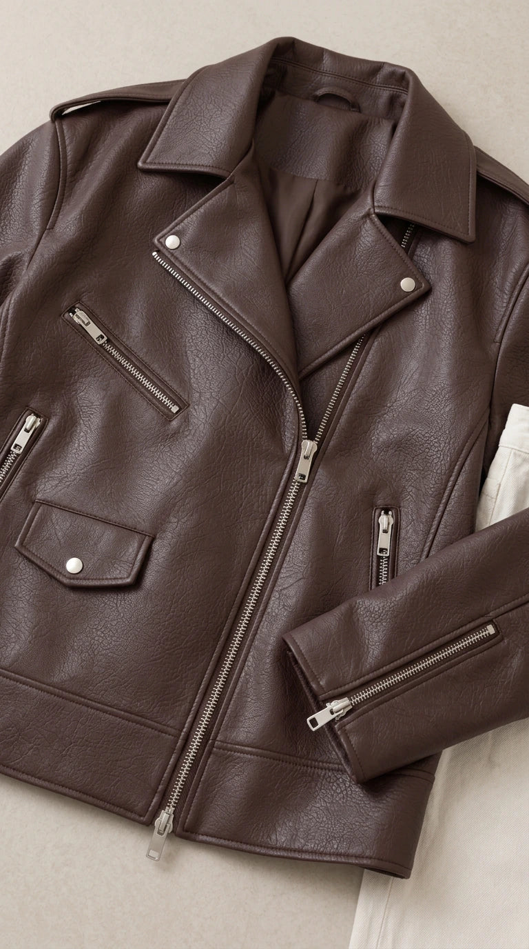 Close-up flat lay of dark brown faux leather moto jacket showing collar and zipper hardware
