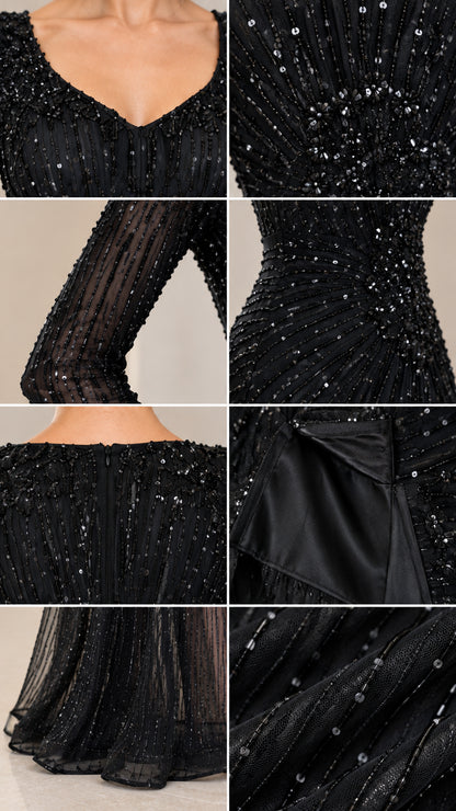 Close-up details of sequin patterns, neckline, sleeves, and lining on black gown