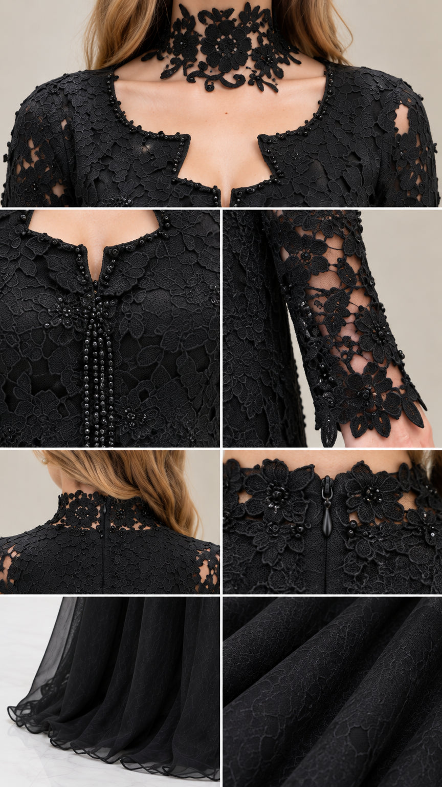 Close-up details of black lace choker, beaded front, and sleeve cuffs