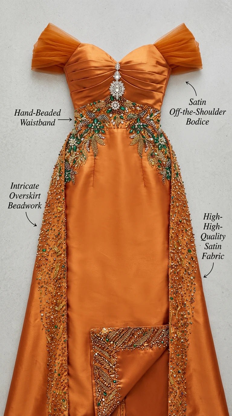 Detailed product shot of rust orange satin gown with callouts for beaded waistband and overskirt