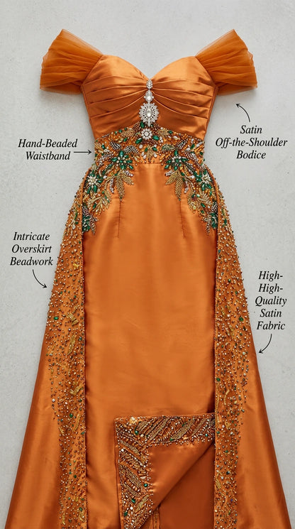Detailed product shot of rust orange satin gown with callouts for beaded waistband and overskirt