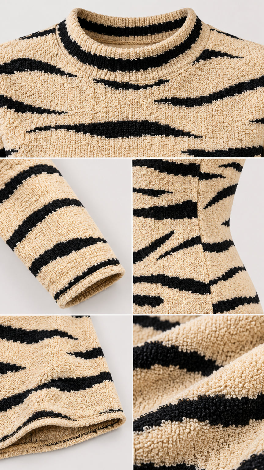 Close-up details of textured knit neckline, sleeve cuff, and animal print pattern