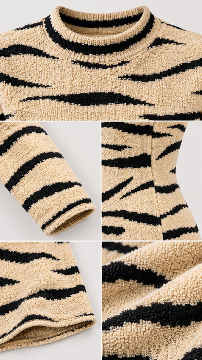 Close-up details of textured knit neckline, sleeve cuff, and animal print pattern
