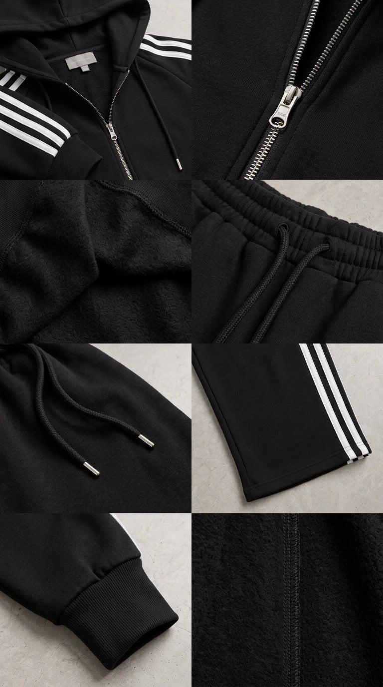 Detailed close-ups of fabric texture, zip hardware, drawstring, and striped cuffs