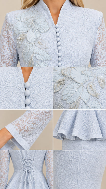 Detailed close-ups of beaded floral embroidery, covered buttons, lace sleeves, and lace-up back