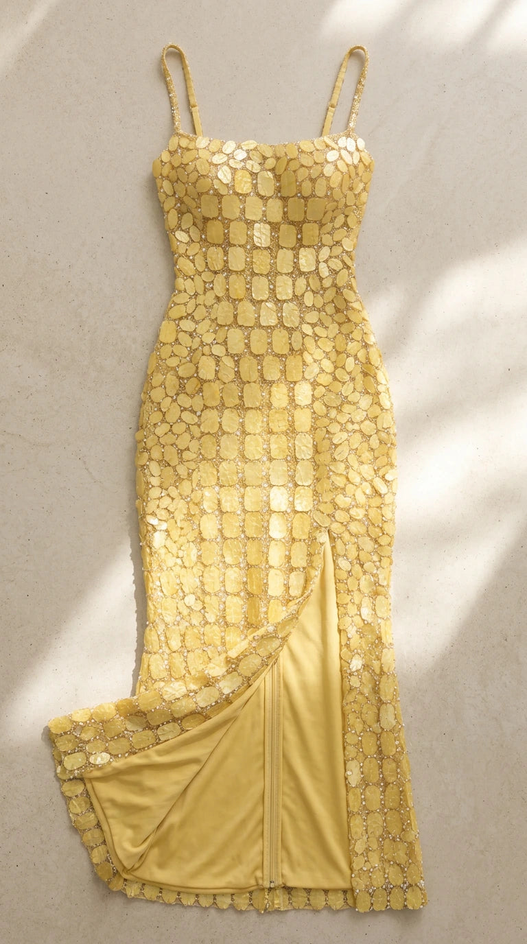 Flat lay of Yellow sequin gown showing soft lining and side slit detail