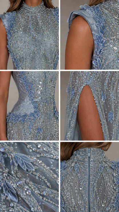 Close-up collage of intricate beadwork, high neck, textured accents, and zipper detail