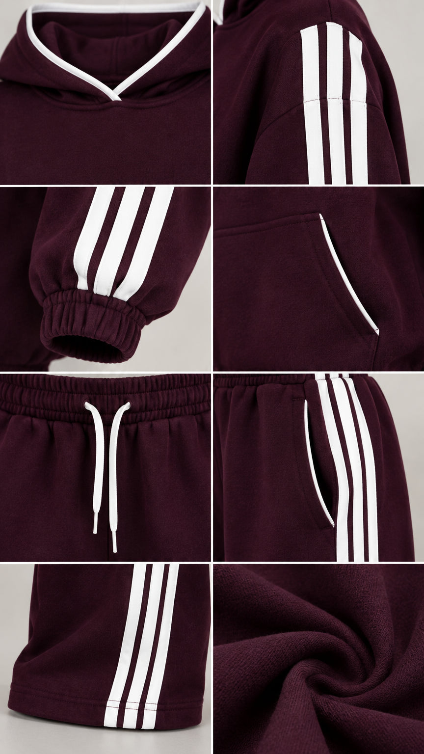 Close-up details of hood neckline, stripe sleeves, waistband drawstring, and soft knit fabric