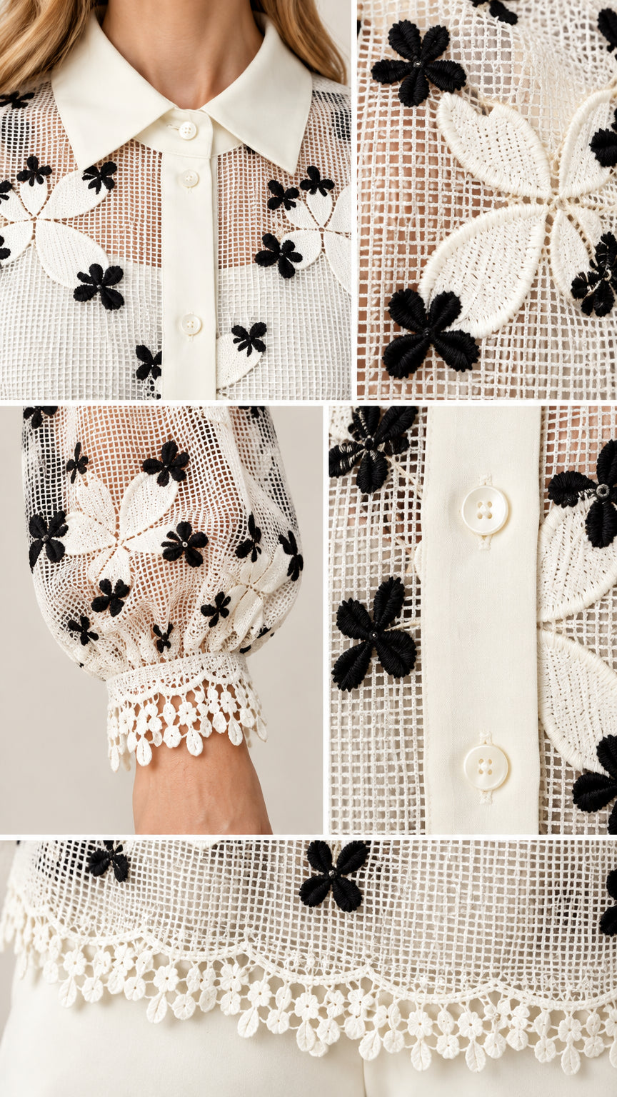 Close-up details of embroidered lace, collar, buttons, and crochet hem trims