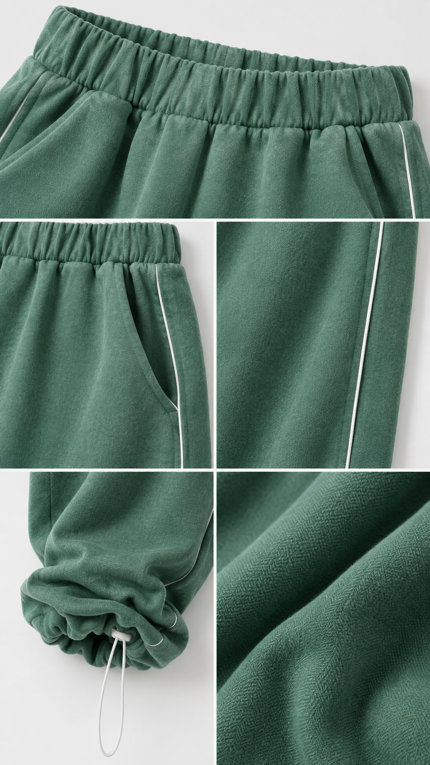 Close-up details of elastic waistband, pocket piping, toggle hem, and knit fabric texture
