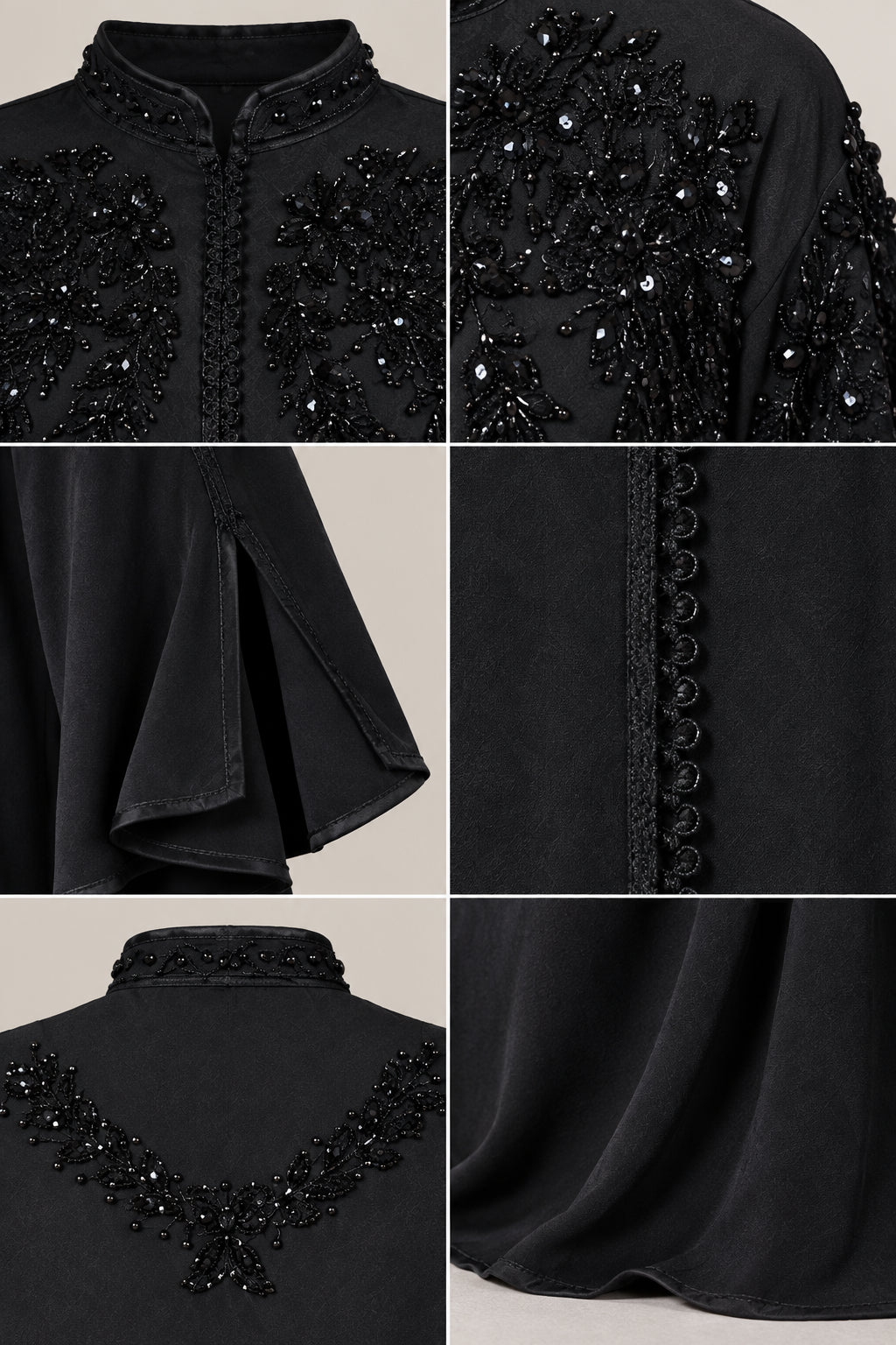 Close-up details of beaded neckline, slit cuff, and hem stitching