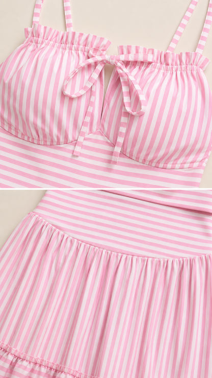 Close-up detail of ruffled tie-front cami neckline and striped tiered skirt hem