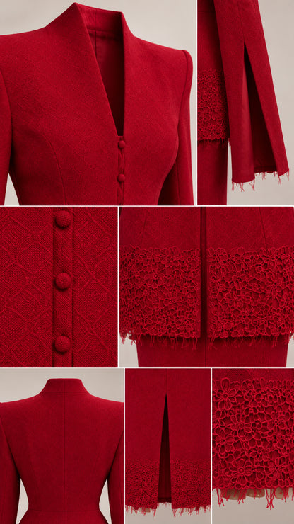 Close-up details of collar, covered buttons, split sleeves, and lace hem