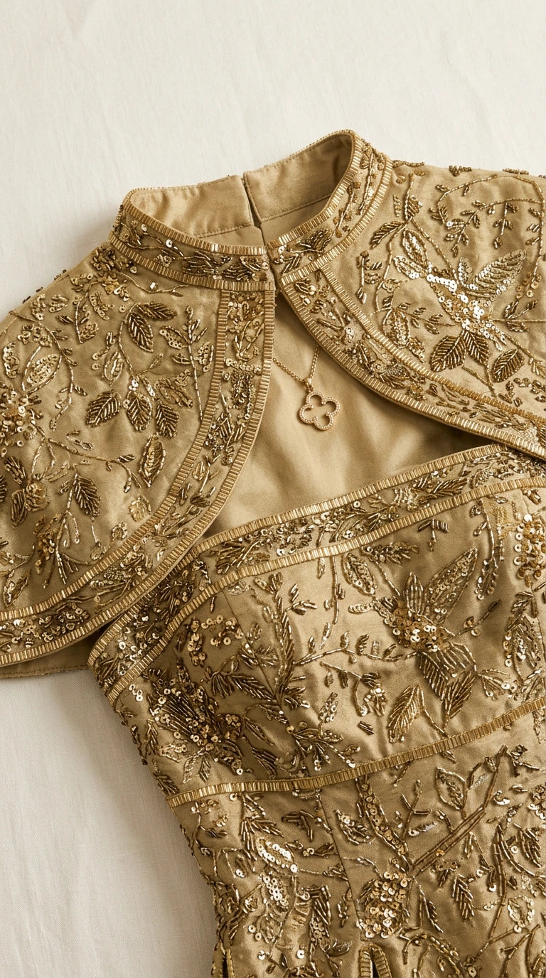 Close-up detail of intricate floral sequin and bead embellishment on gold capelet
