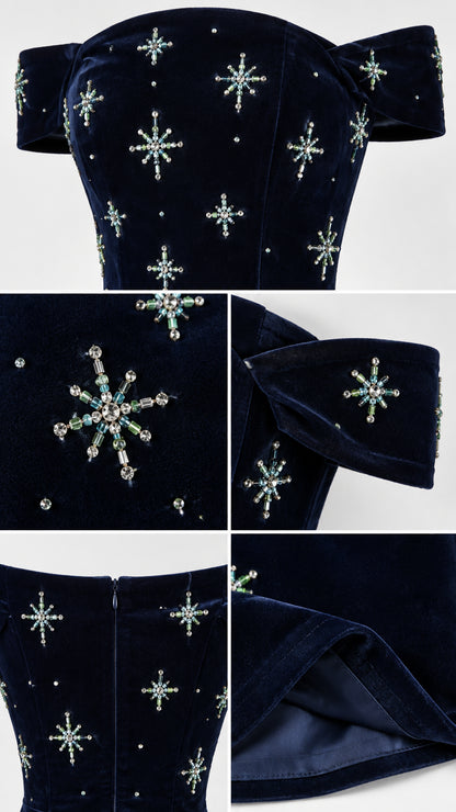 Close-up details of crystal starburst beadwork, neckline, and inner lining on navy blue velvet dress