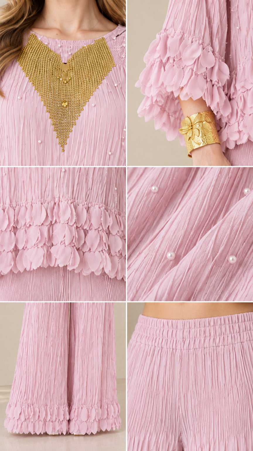 Close-up details of gold neckline embroidery, faux pearls, ruffle cuffs, and textured fabric
