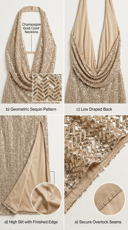 Detail view of sequin embroidery, cowl neckline, back drape, and slit hem