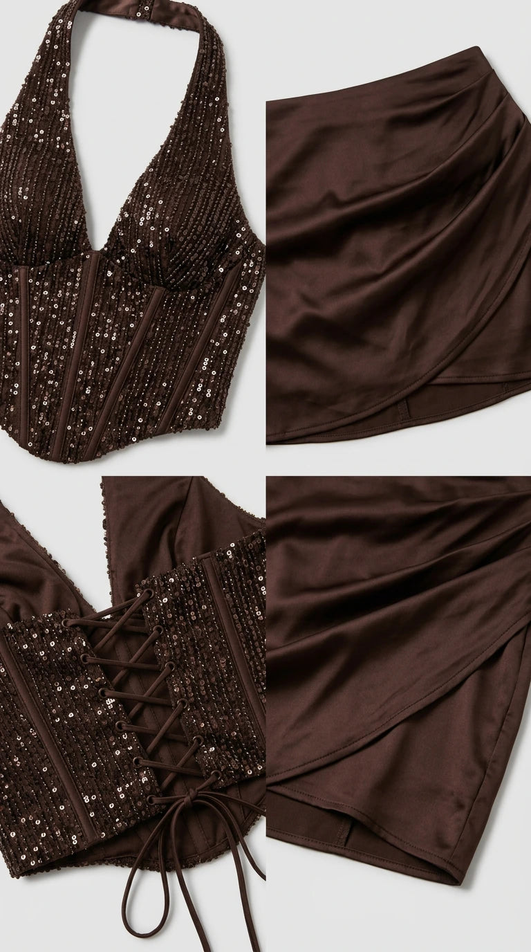 Close-up detail of chocolate brown sequin halter top, lace-up corset back, and satin skirt fabric