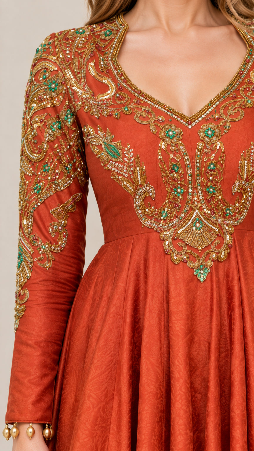 Close-up detail of metallic embroidery on neckline and sleeves of Rust Orange gown