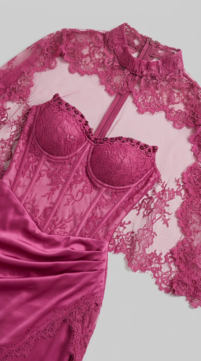 Close-up detail of beaded sweetheart corset bodice and floral lace capelet