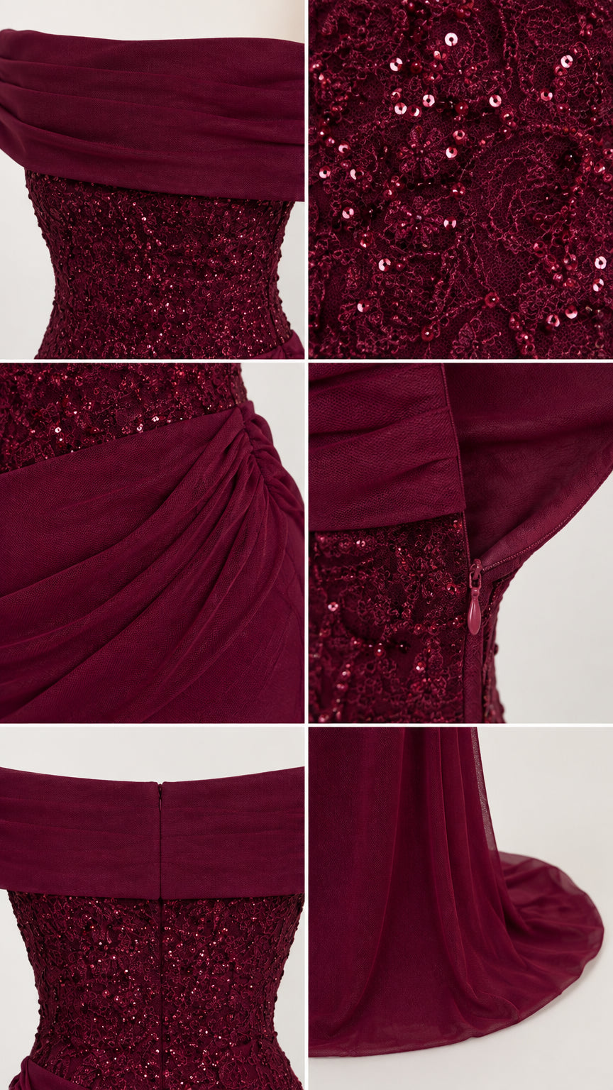 Detail shots of sequined bodice, ruched drapery, and hemline