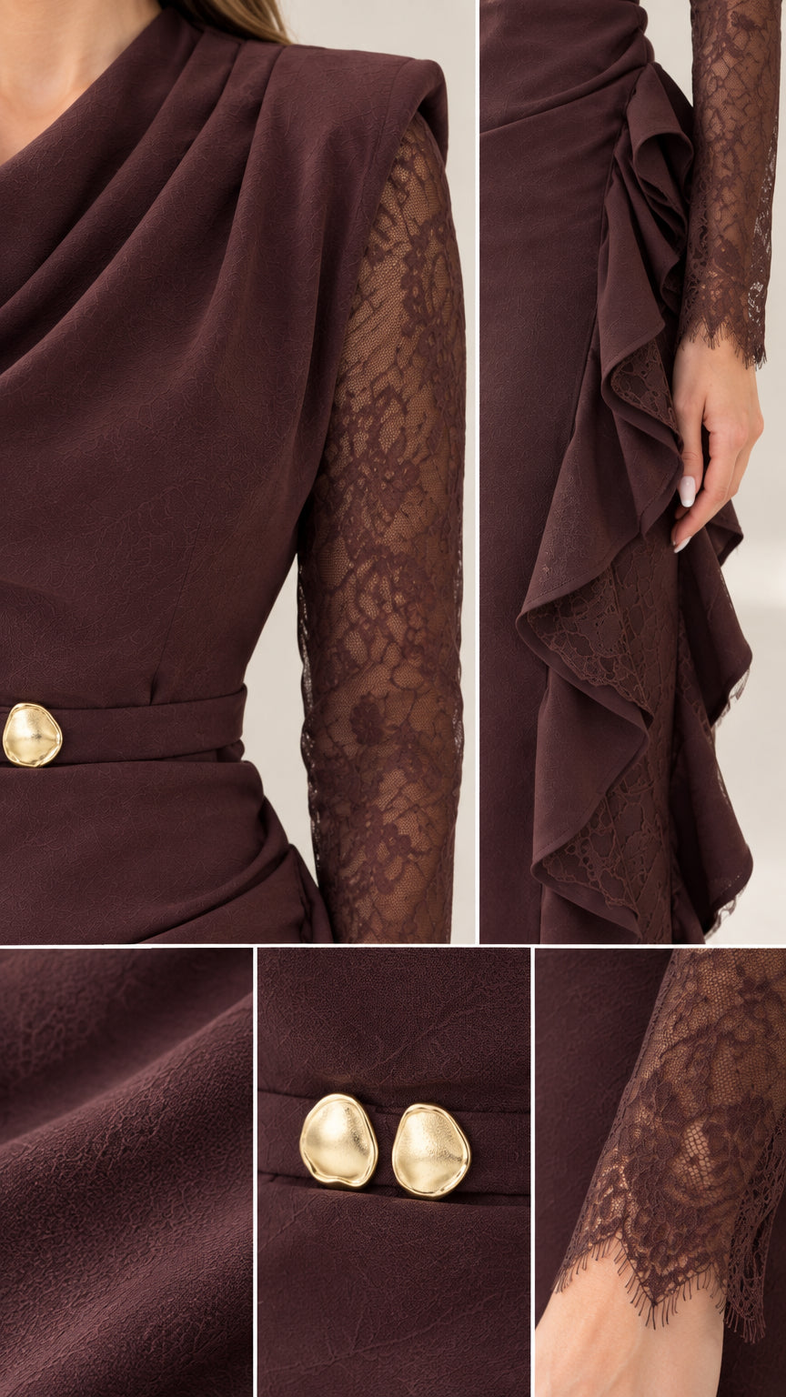 Close-up detail of draped cowl neck, sheer lace cuff, waist belt with gold buttons, and cascading ruffle hem