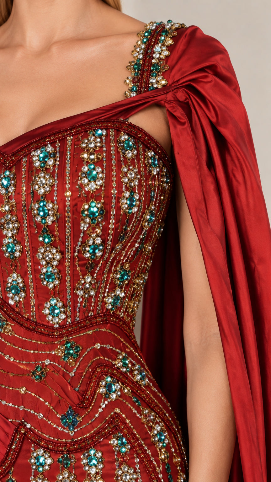 Close-up of intricate crystal beadwork and draped satin bodice on burgundy gown