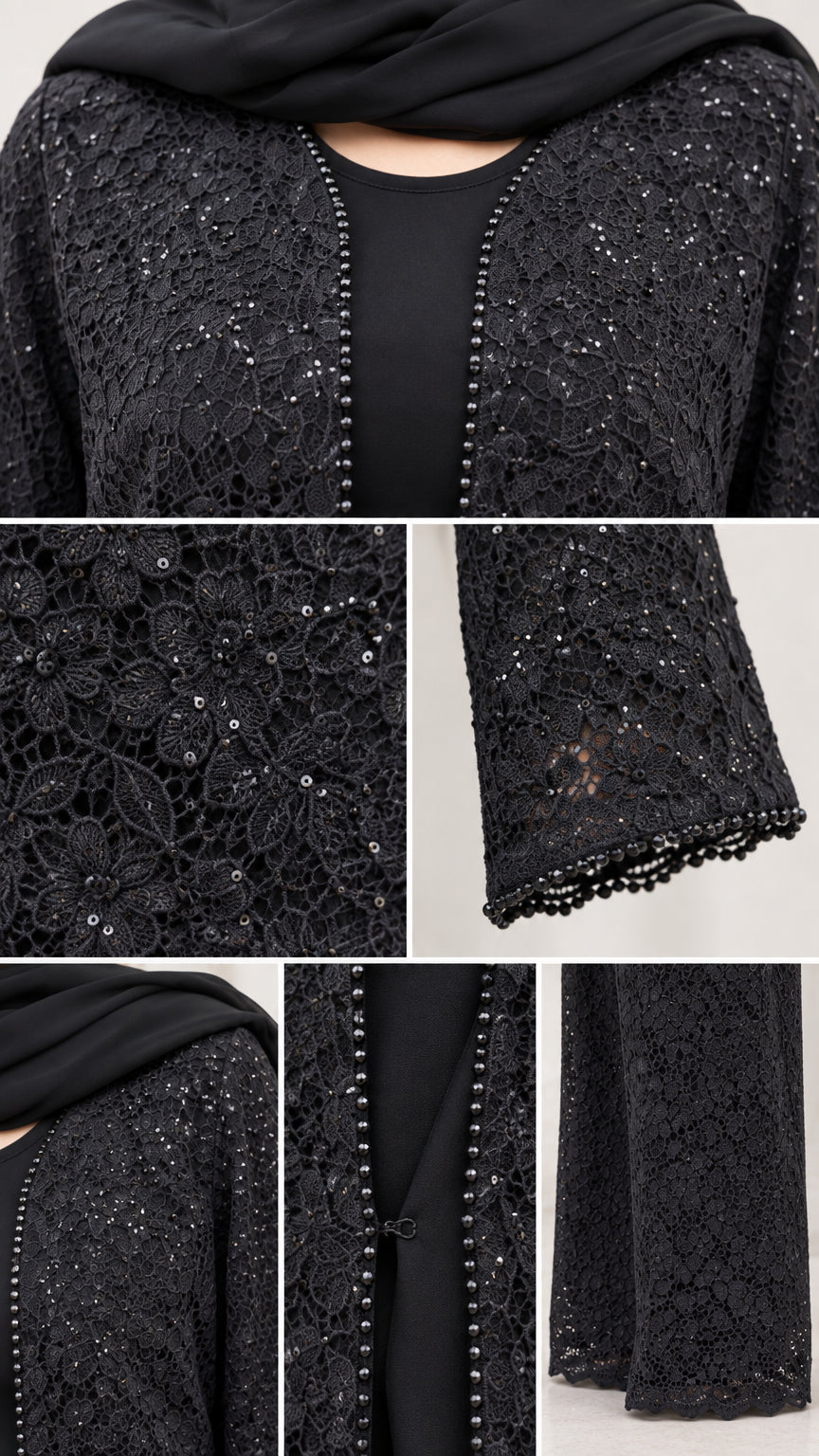 Close-up detail collage showing floral sequin lace texture and delicate beaded trim on cardigan